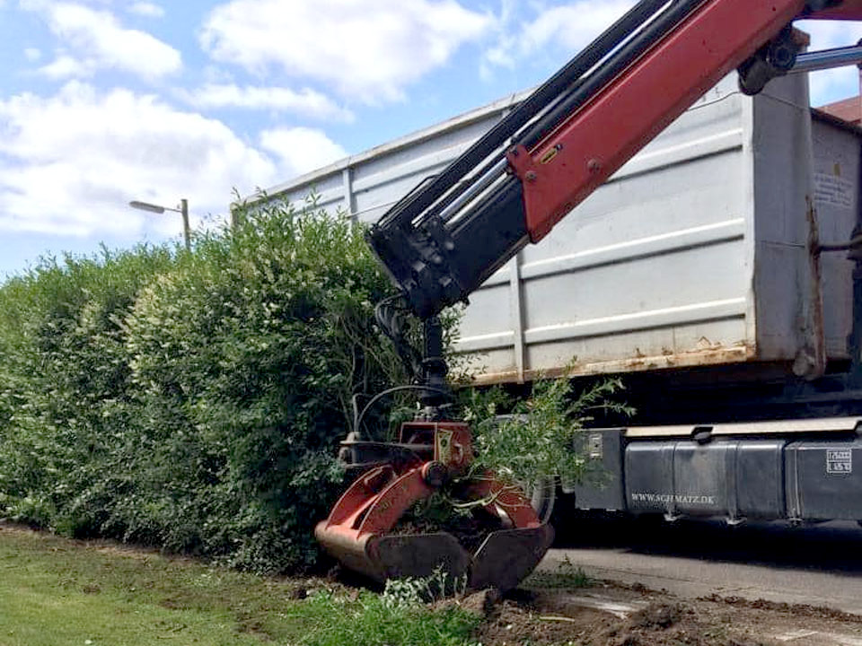 lastbil med kran fjerner hæk